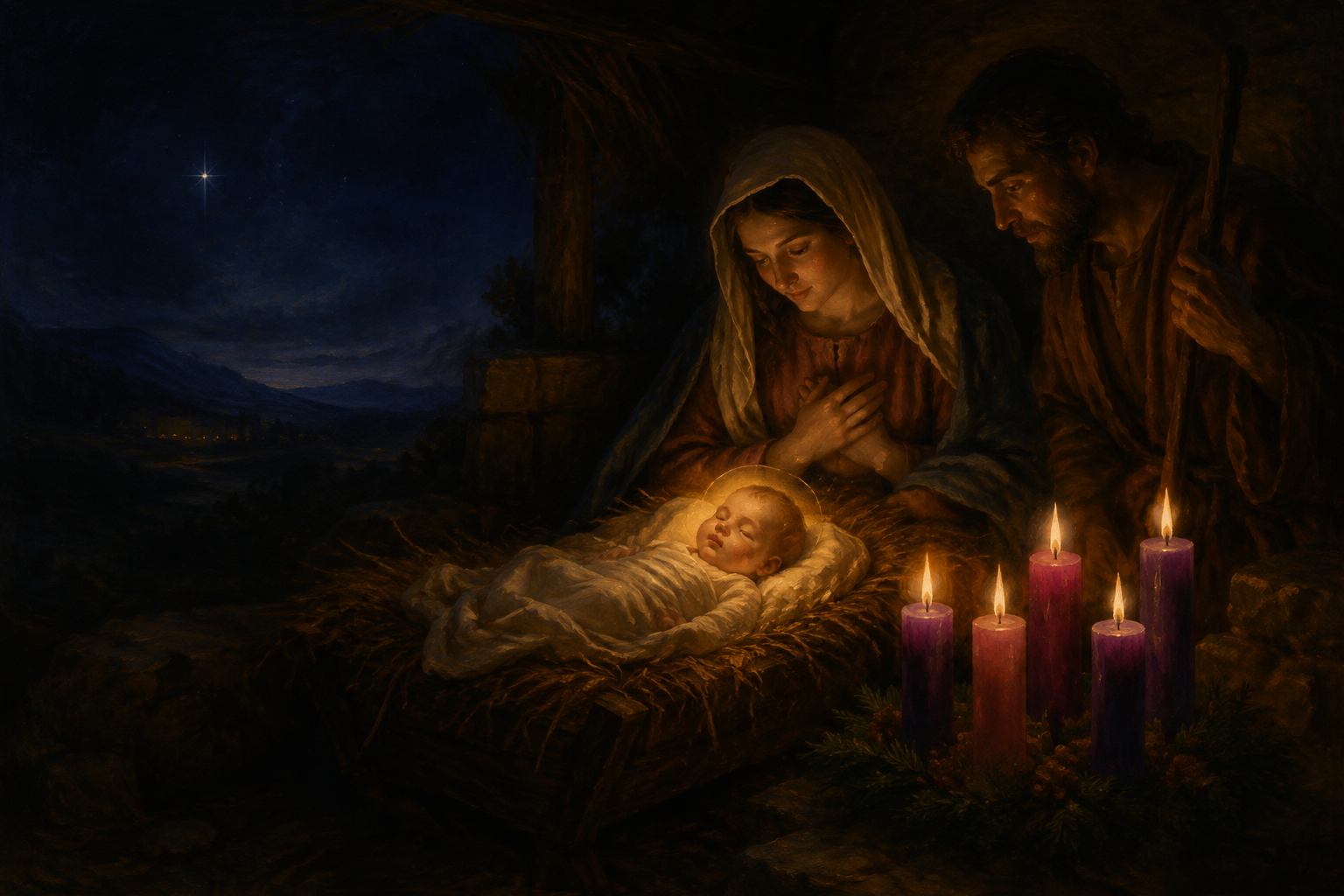 Menino Jesus na manjedoura, iluminado por velas do Advento